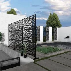 Cheap 🎉 6.5 ft. H x 4 ft. W Black Laser Cut Metal Privacy Screen, 3 Panels by Unbranded ⌛ -Cheap Fence Gates Plus Store black outdoor privacy screens wy 124 1f 1000