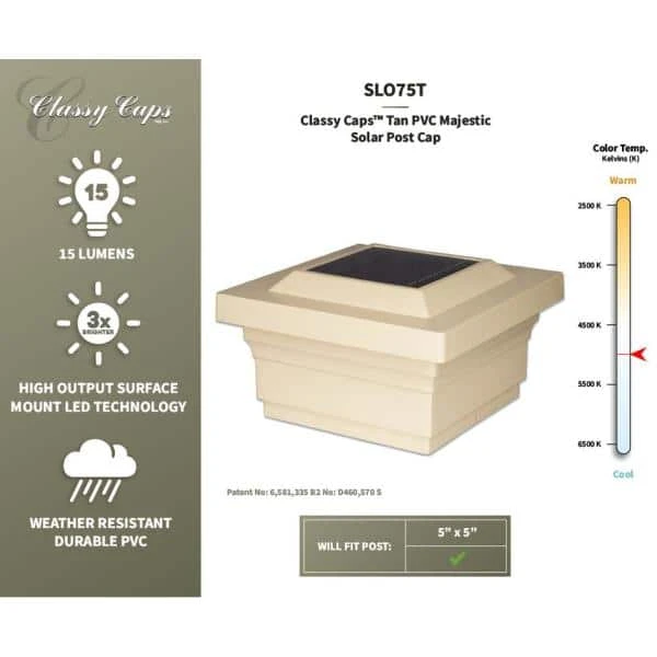 Budget ✨ Majestic 5 in. x 5 in. Outdoor Tan Vinyl LED Solar Post Cap (2-Pack) by Classy Caps 🔥 7 Budget ✨ Majestic 5 in. x 5 in. Outdoor Tan Vinyl LED Solar Post Cap (2-Pack) by Classy Caps 🔥 - Image 5